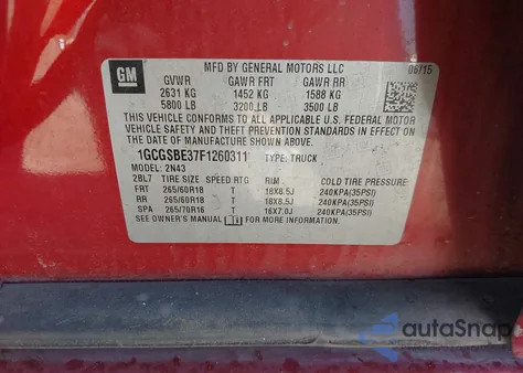 2015 Chevrolet Colorado Lt z USA, uszkodzony, nr VIN 1GCGSBE37F1260311